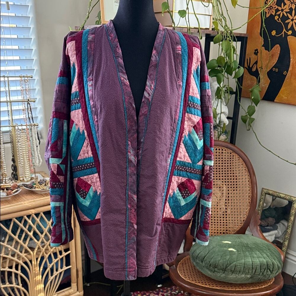 Vintage 80s/90s Handmade Upcycled Patchwork Quilted Open Front Boho Jacket